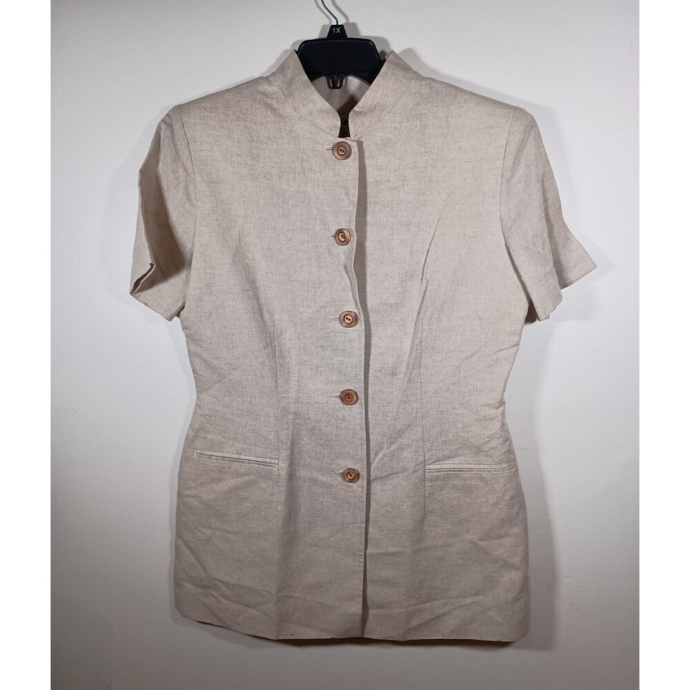Vintage NY Sake Linen Blend Beige Short Sleeve Button Mandarin Collar Size 10